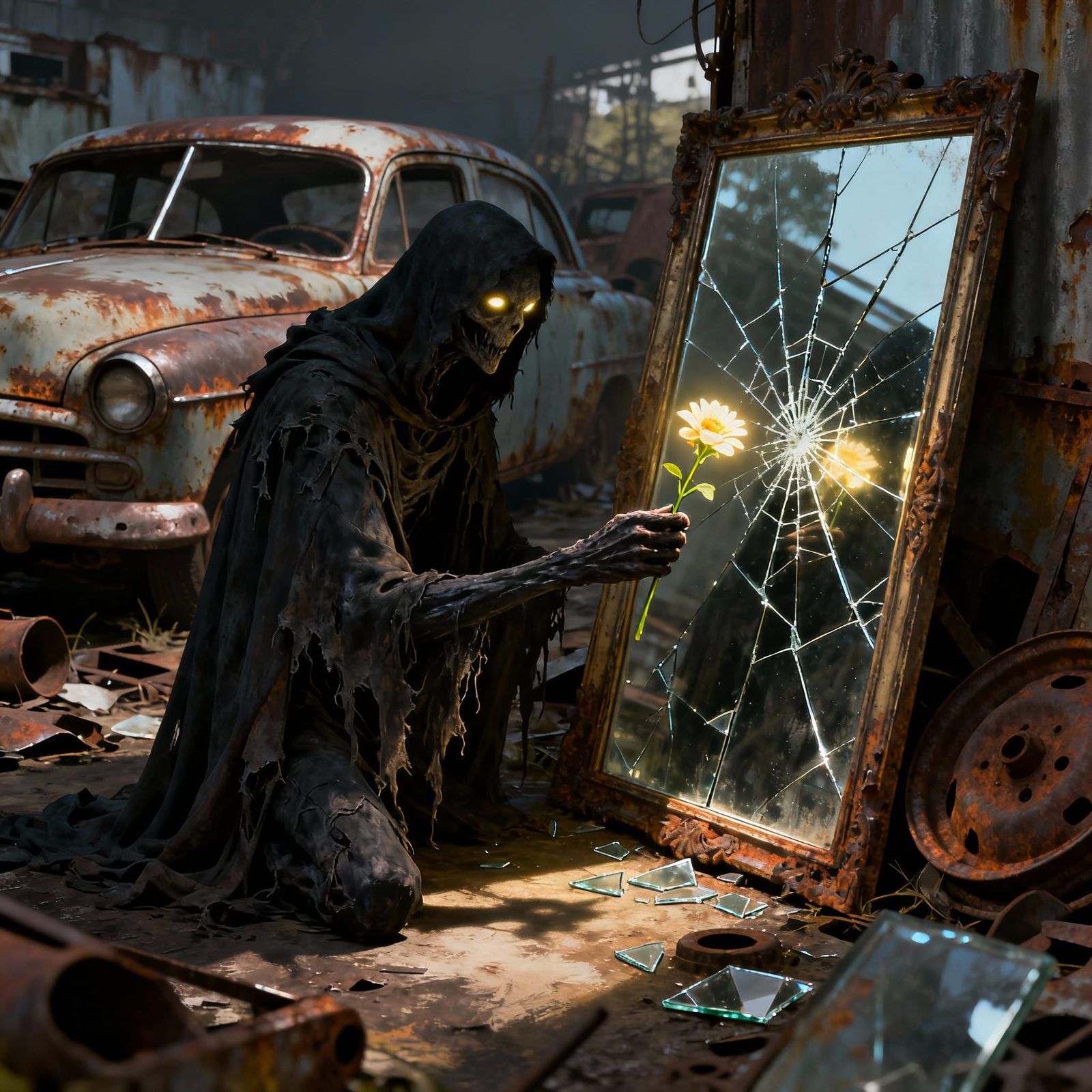 3d digital art. A monstrous, shadowy figure with painterly b...