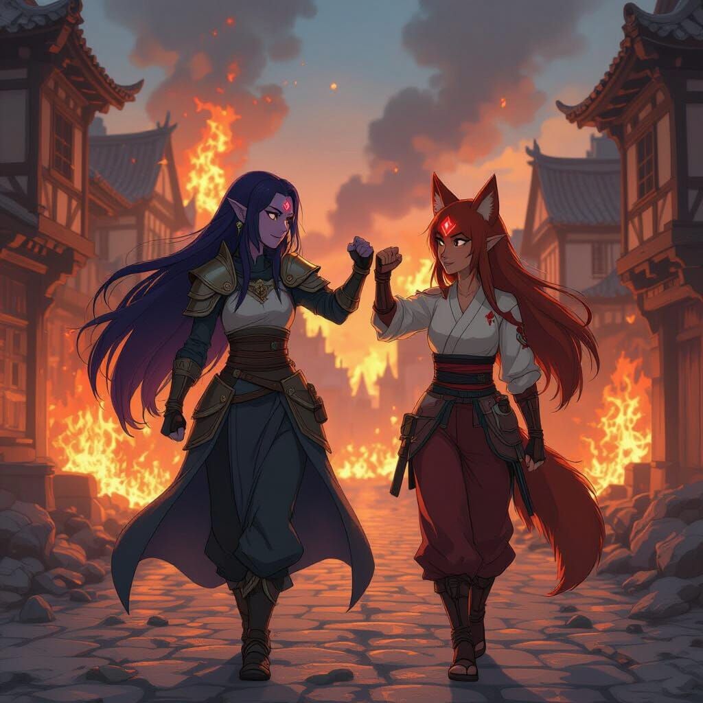 Dark Elf Warrior and Kitsune in Burning City