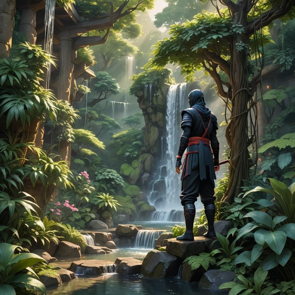 Ninja Warrior in a Majestic Garden Waterfall