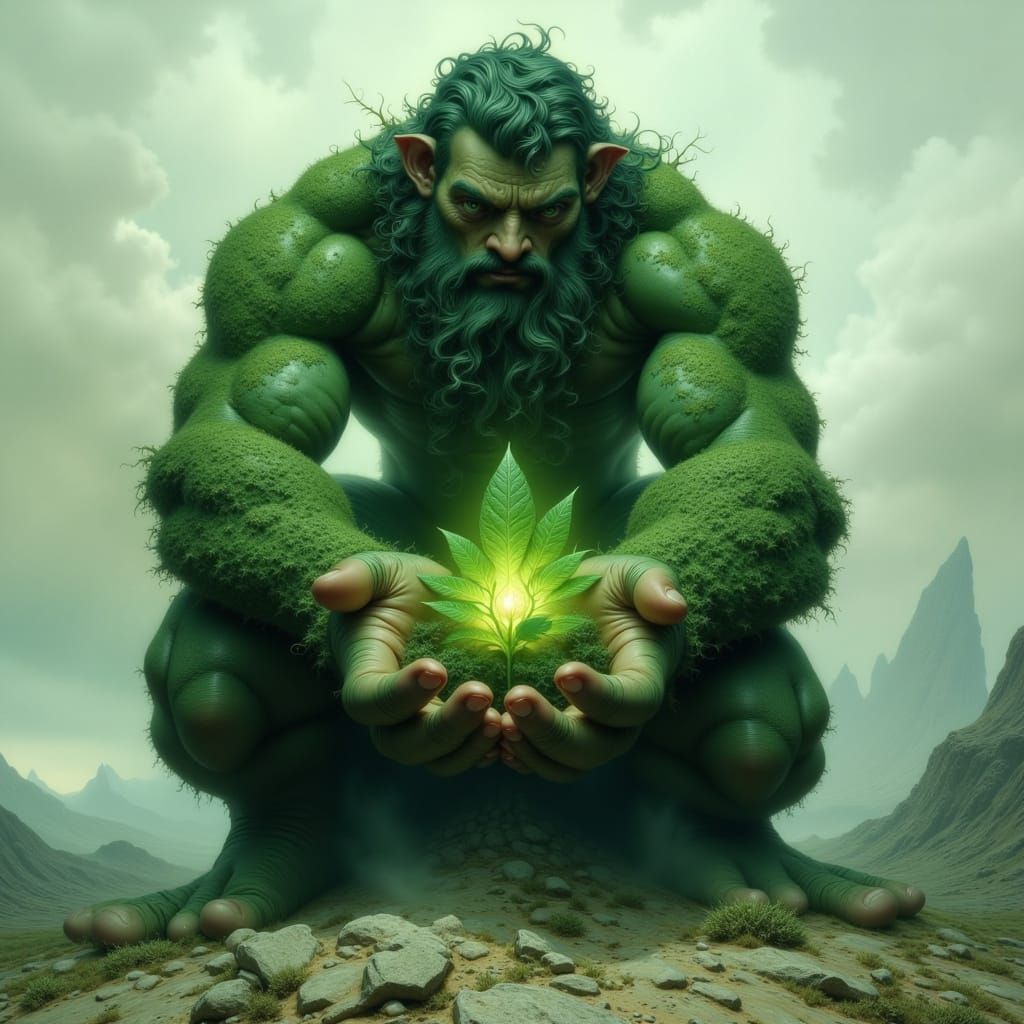Moss Giant Nurtures Glowing Seedling in Desolate Landscape