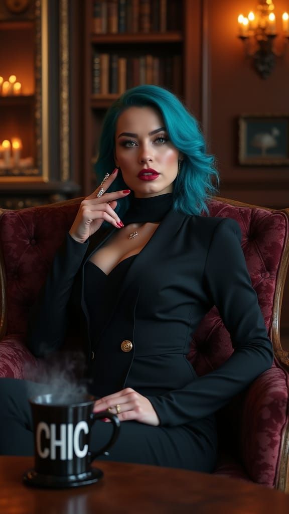 Chic Woman in Velvet Armchair with Blue Hair