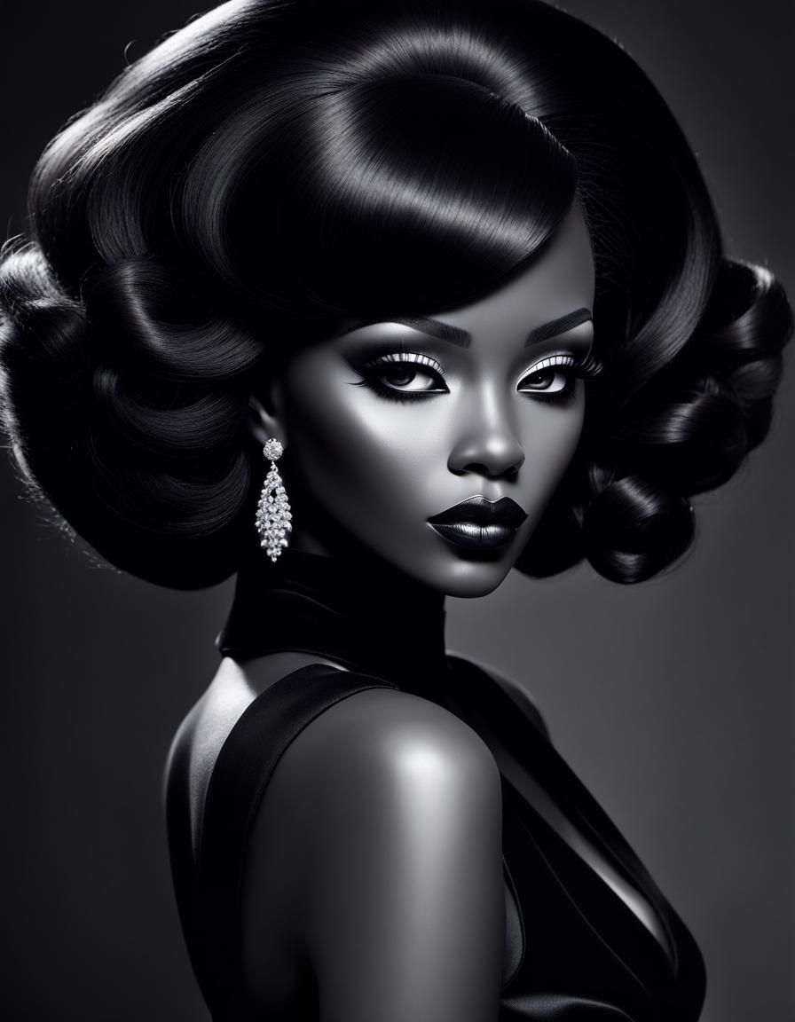 Film Noir Melanin Doll in Sleek Black Dress