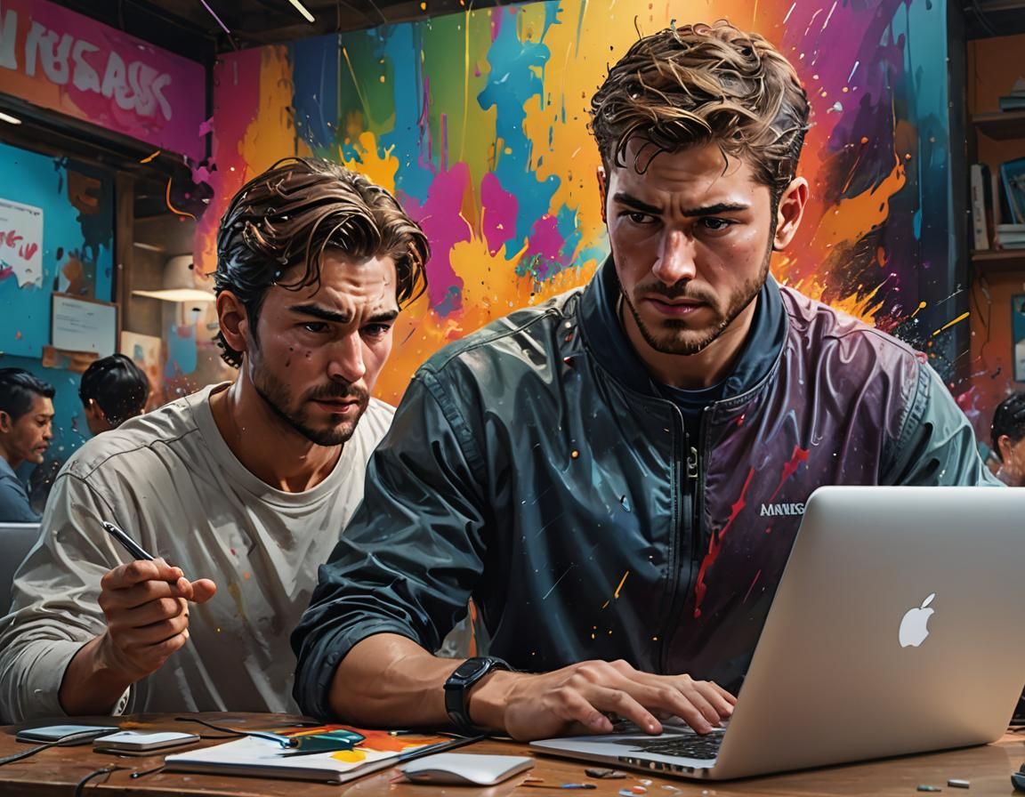 Men's Digital Training Mishap in Hyperrealistic Splash Art