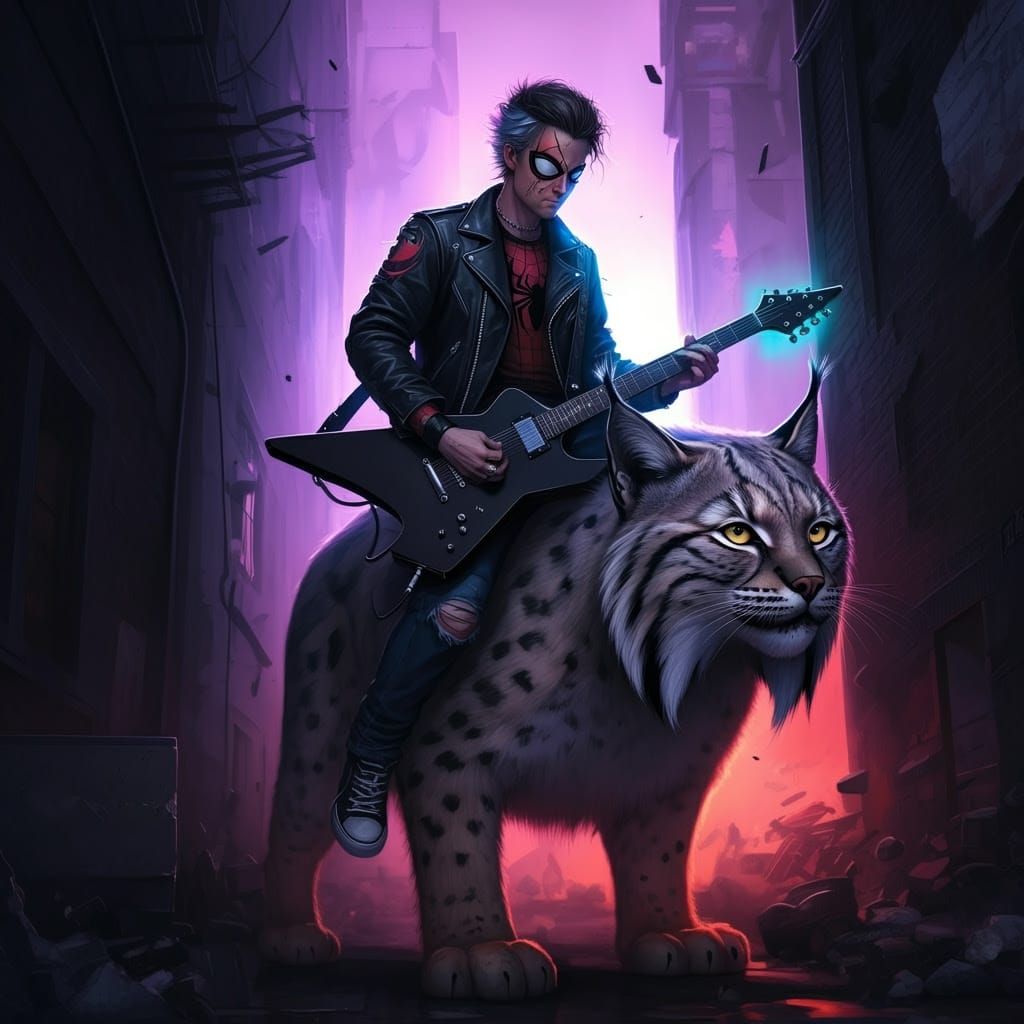 Spider-Punk Riding a Lynx through a Neon-Lit Alley