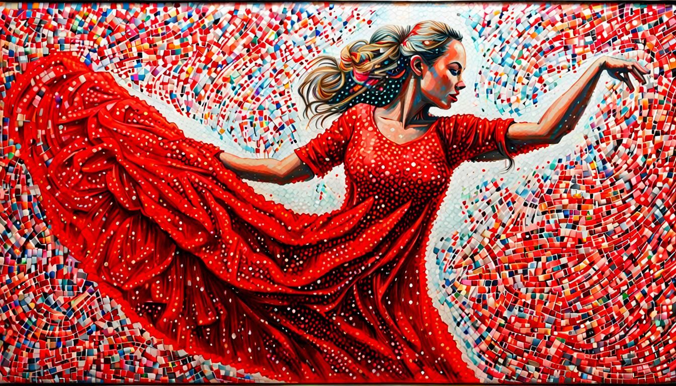 Dancing Woman in Red Dress, Pointillist Acrylic