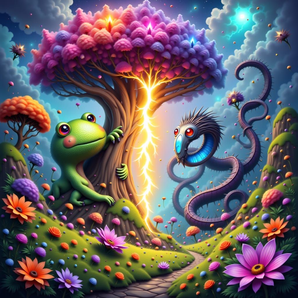 Massive Tree Struck by Lightning with Mythical Creatures