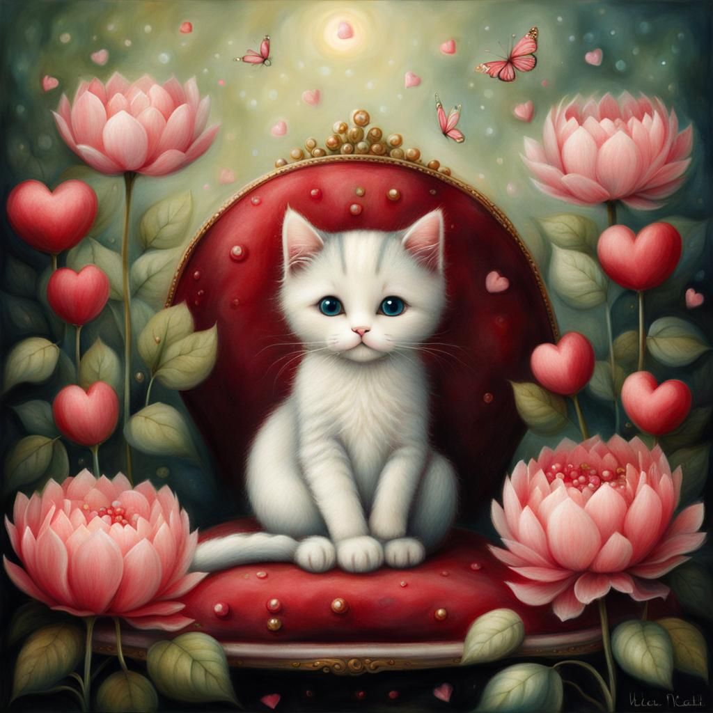 Cat Surrounded by Flowers in Ethereal Style