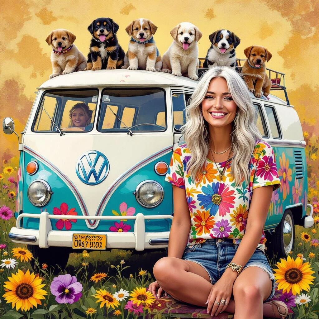 Hippie Woman and VW Bus Portrait in Hyperrealism