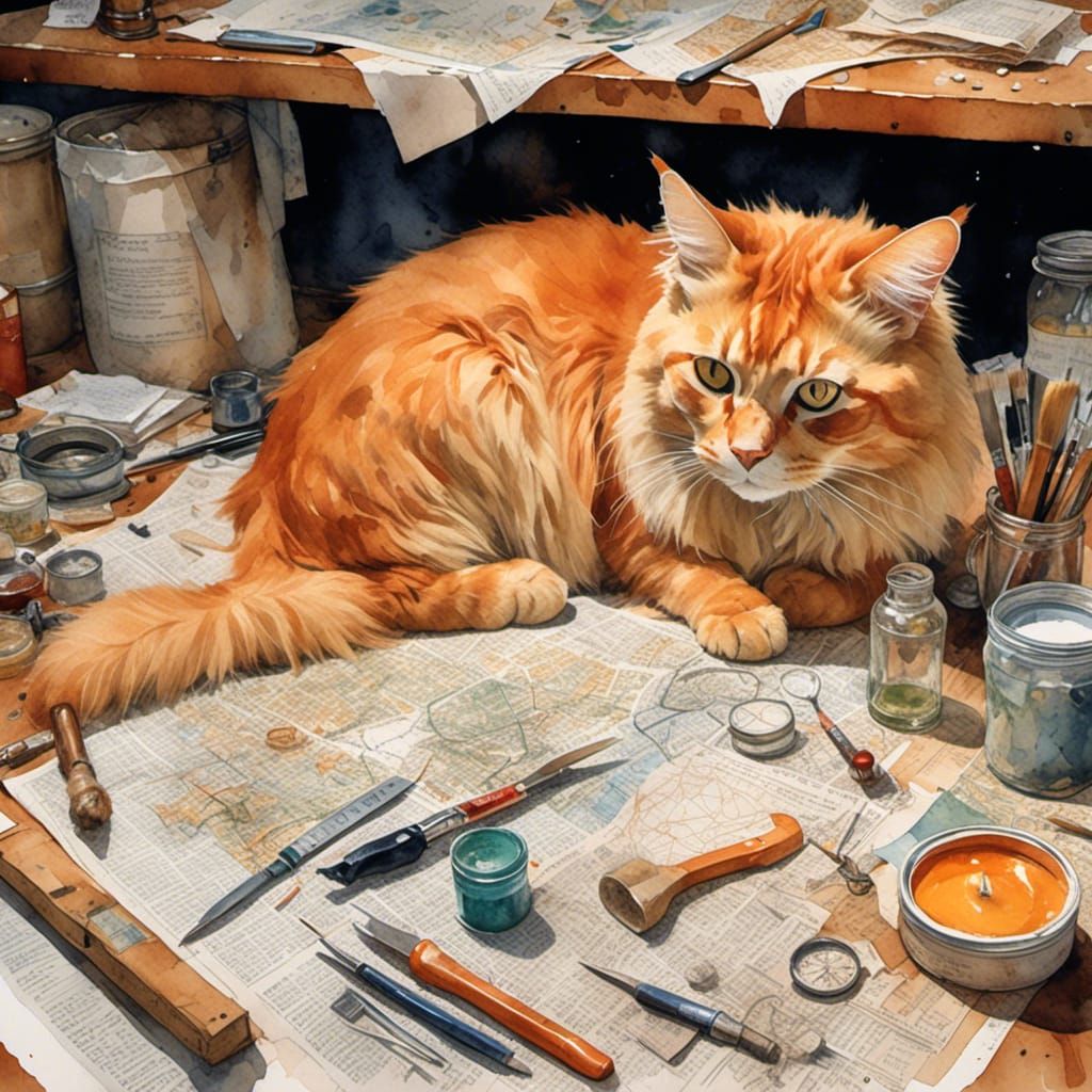 Orange Cat Amidst Clutter, in Wet-on-Wet Watercolor