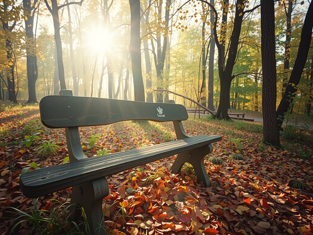 Ultra-Realistic Autumn Forest Bench Bathed in Sunlight