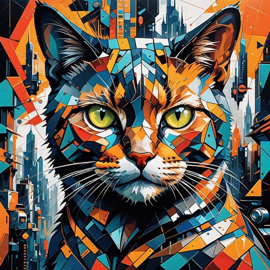 Steampunk Cat Eye Abstract: Geometric Cityscape Reflection
