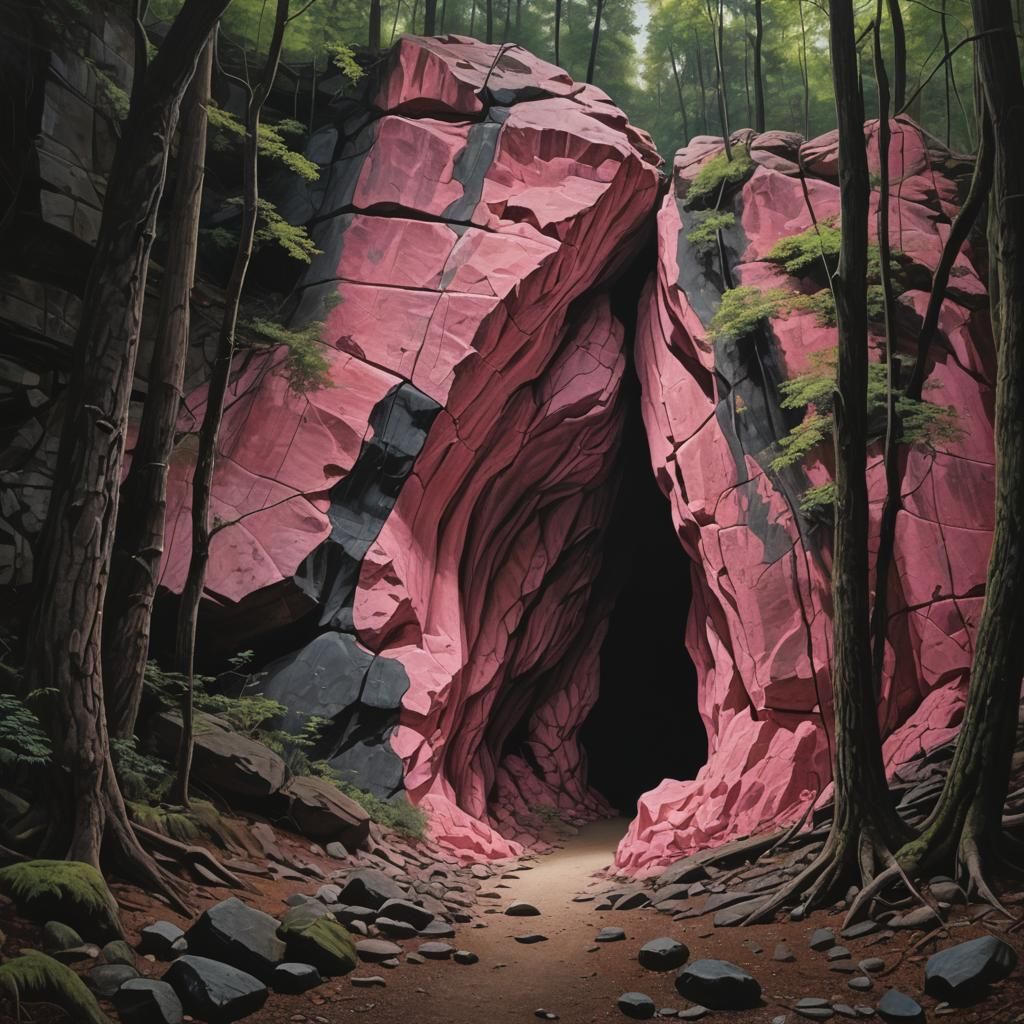 Photorealistic Pink Rock Cave Mouth in Dark Forest