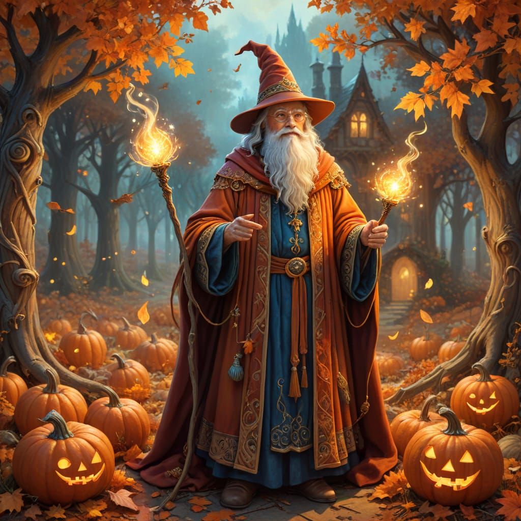 Wise Wizard with Glowing Staff in Autumn Forest
