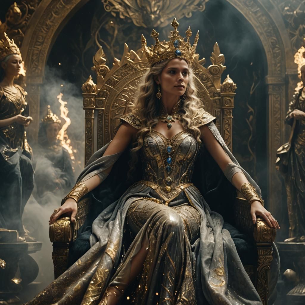 Goddess Queen on Golden Throne in Smoky Haze