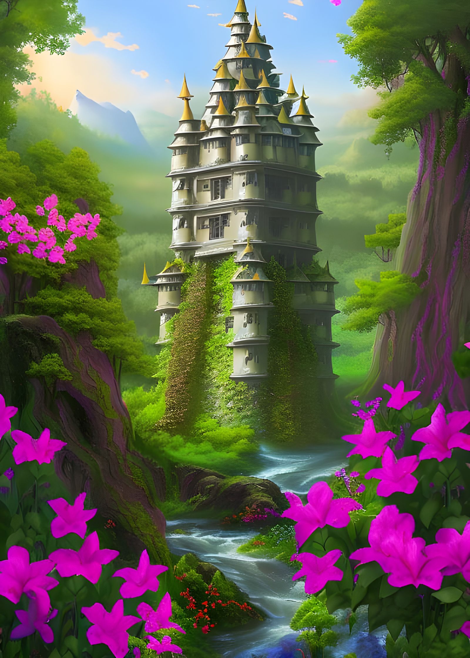 Enchanted Elven Flower Tower in Woodland Setting