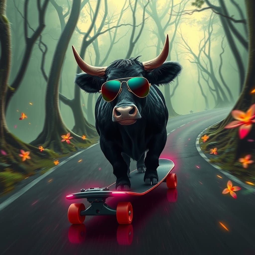Cow Rides Neon Longboard Through Mystical Swamp