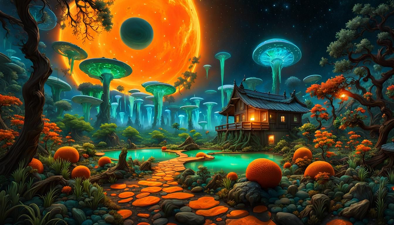 Bioluminescent Garden Under Milky Way Galaxy