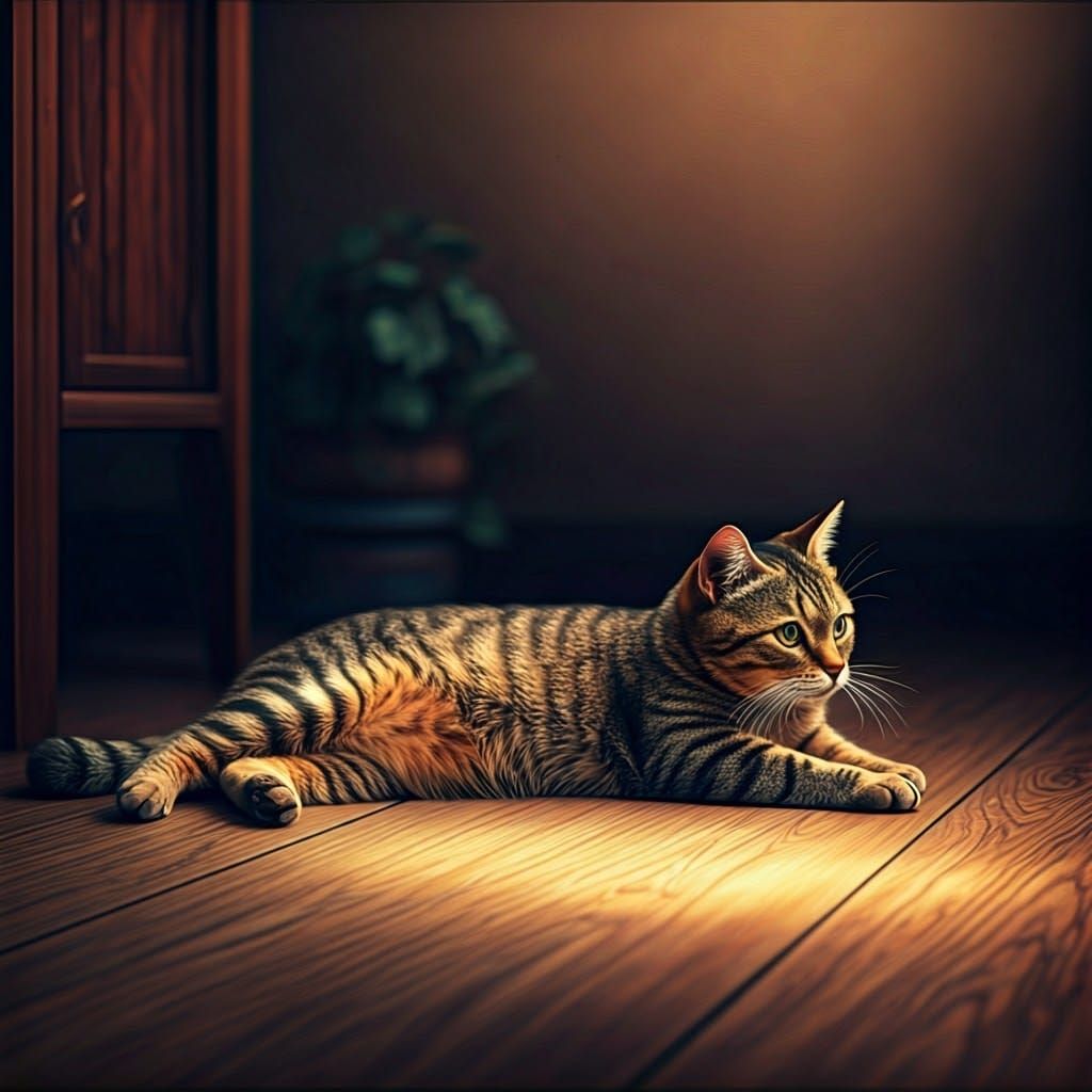 Brown Tabby Cat Basks in Warm Sunlit Scene