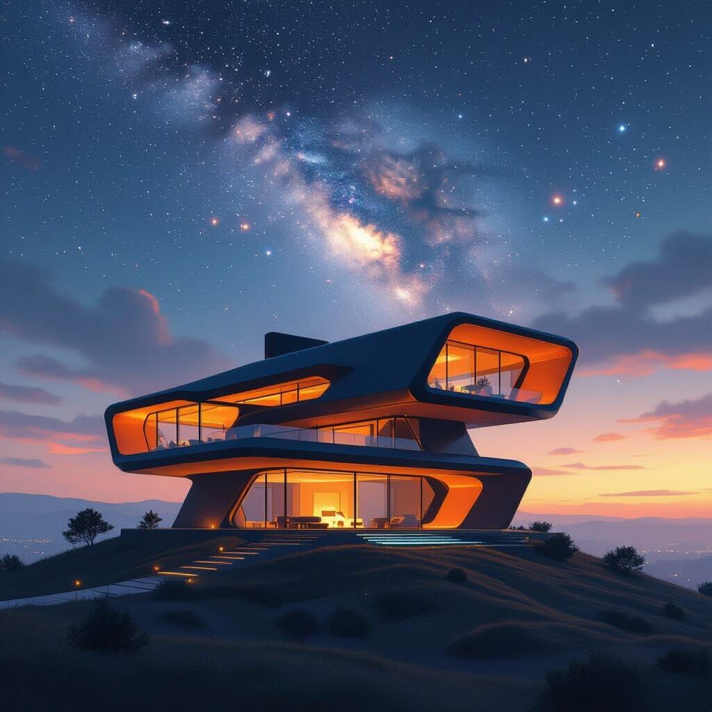 Futuristic Black and Orange House on Starry Hilltop