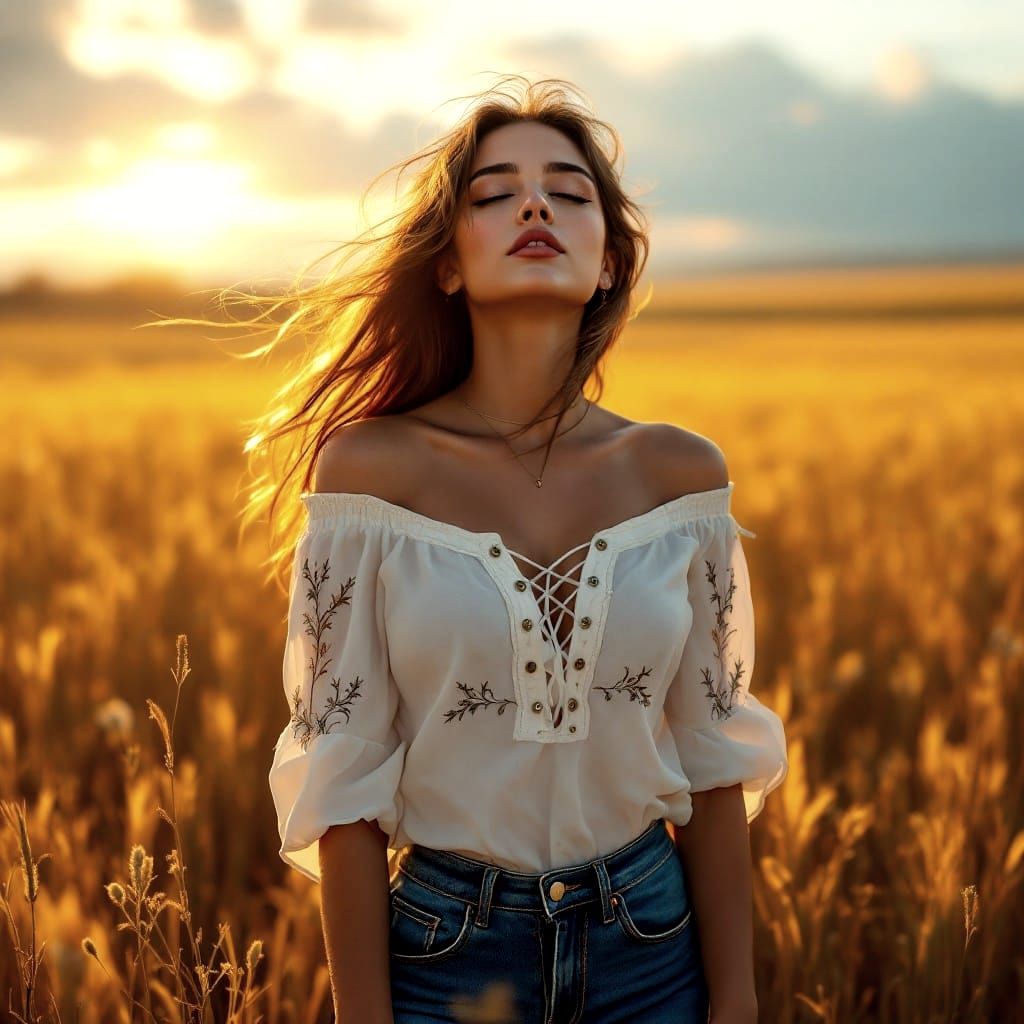 Ethereal Woman Basks in Golden Hour Glow