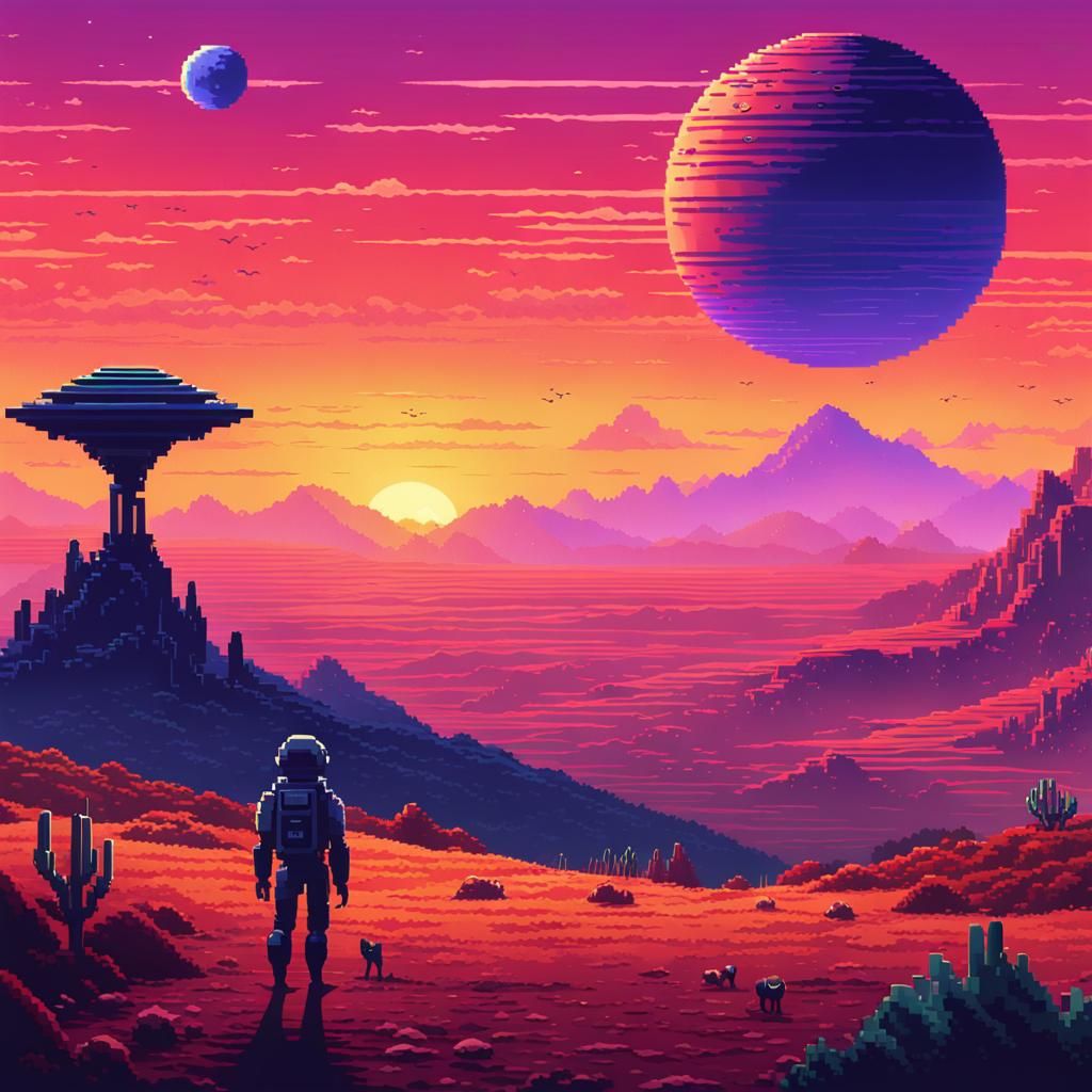 Hyperrealistic Pixel Art: Alien Sunrise Safari