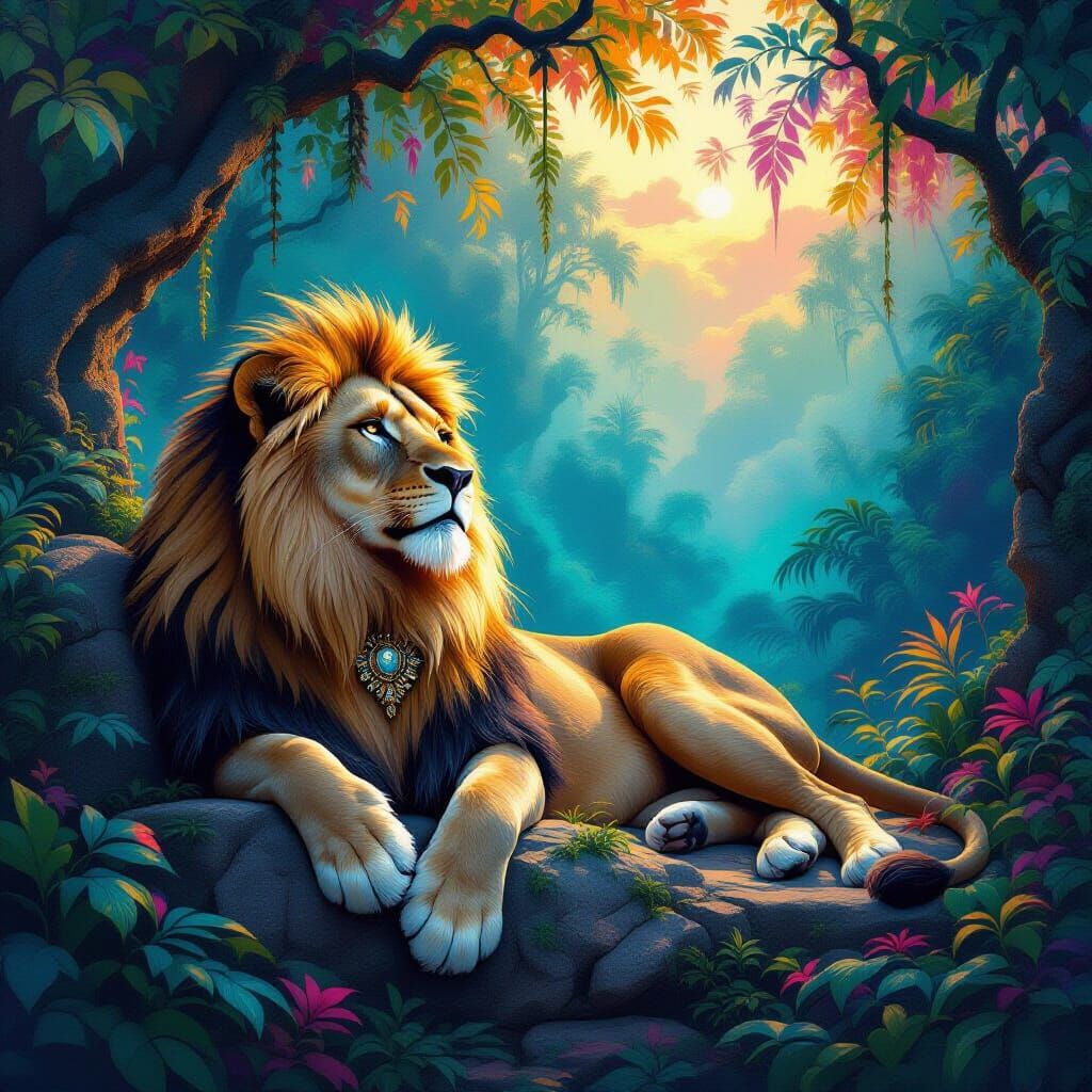 Stone Lioness in a Vibrant Iridescent Jungle