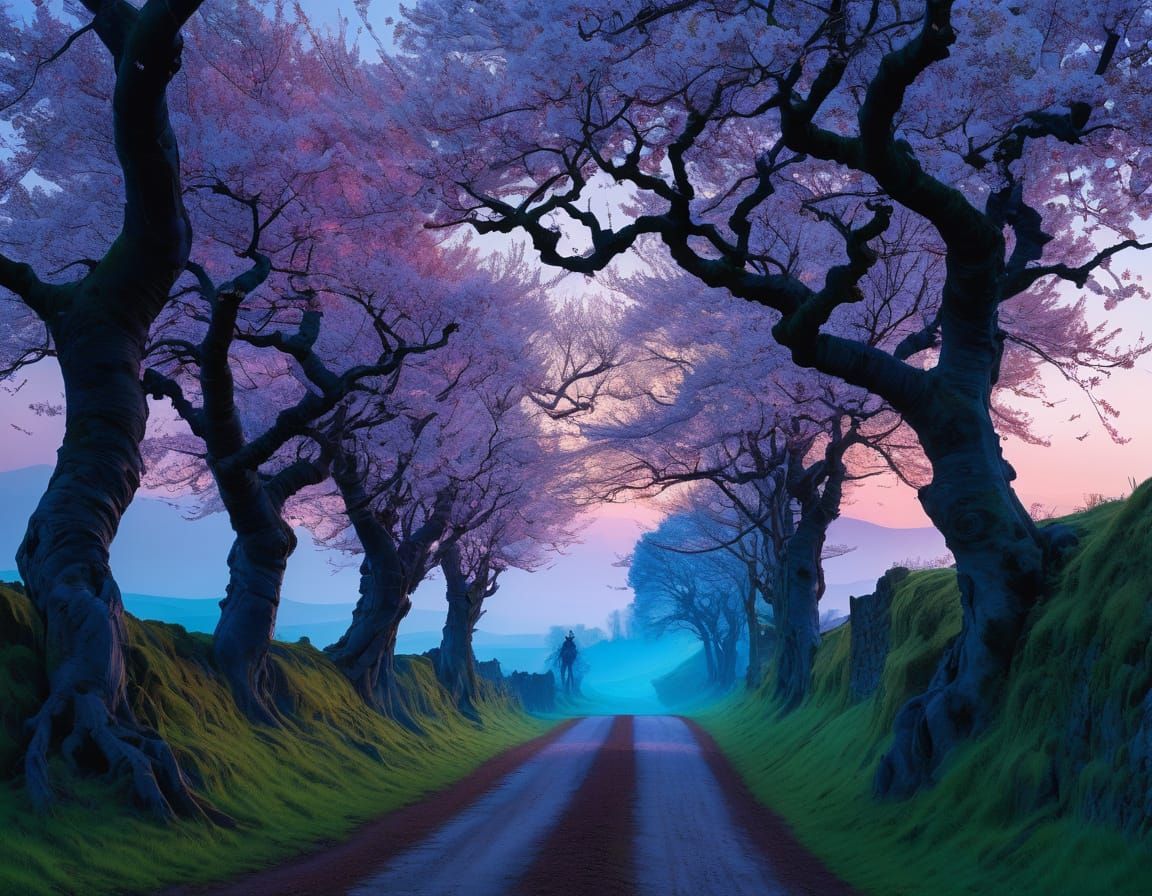 Gnarled Cherry Tree Avenue at Dusk in Whimsical Artistic Sty...