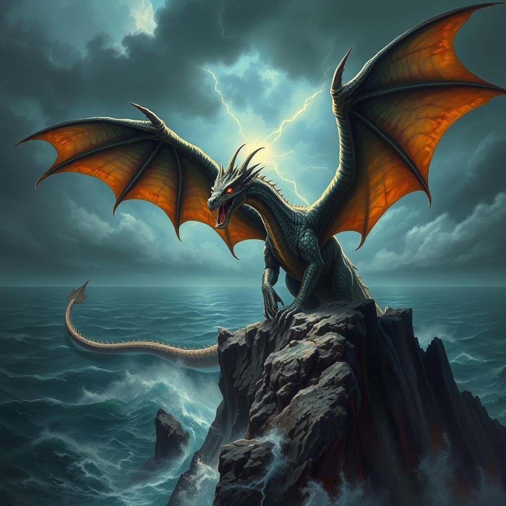 Ancient Dragon on Cliff Overlooking Stormy Sea