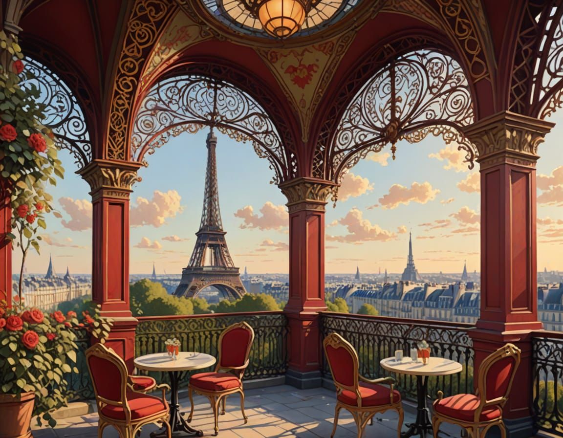 Eiffel Tower in Art Nouveau Gouache Style