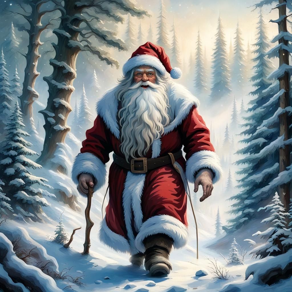 Yeti Santa Walking Through Snowy Forest