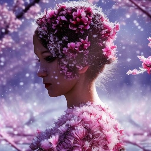 Winter Fairy with Cherry Blossoms in Double Exposure