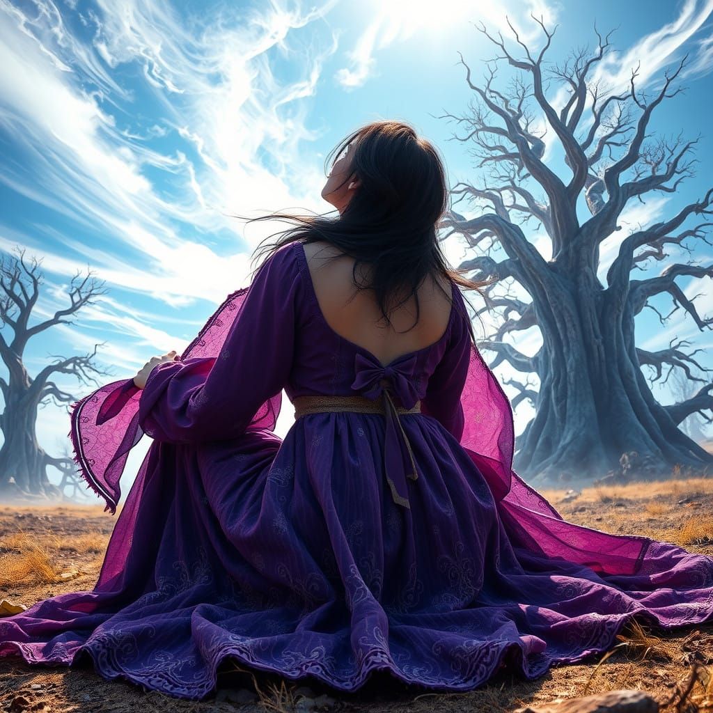 Enchanted Woman Contemplates the Sky in Richly Textured, Pur...