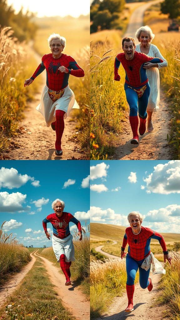 Comical Rural Countryside Scene with Spider-Man Costume