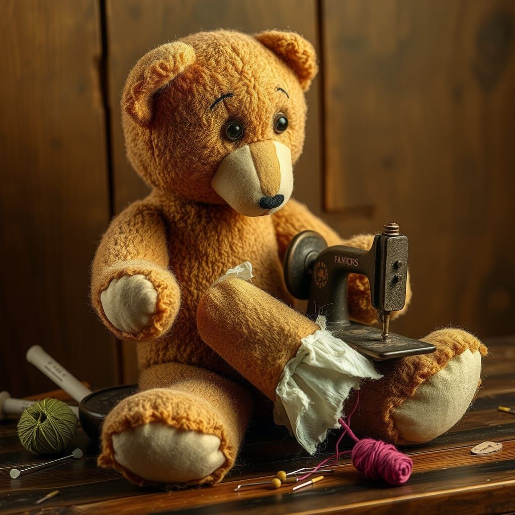 Teddy Bear Mending Itself, Nostalgic Craftsmanship
