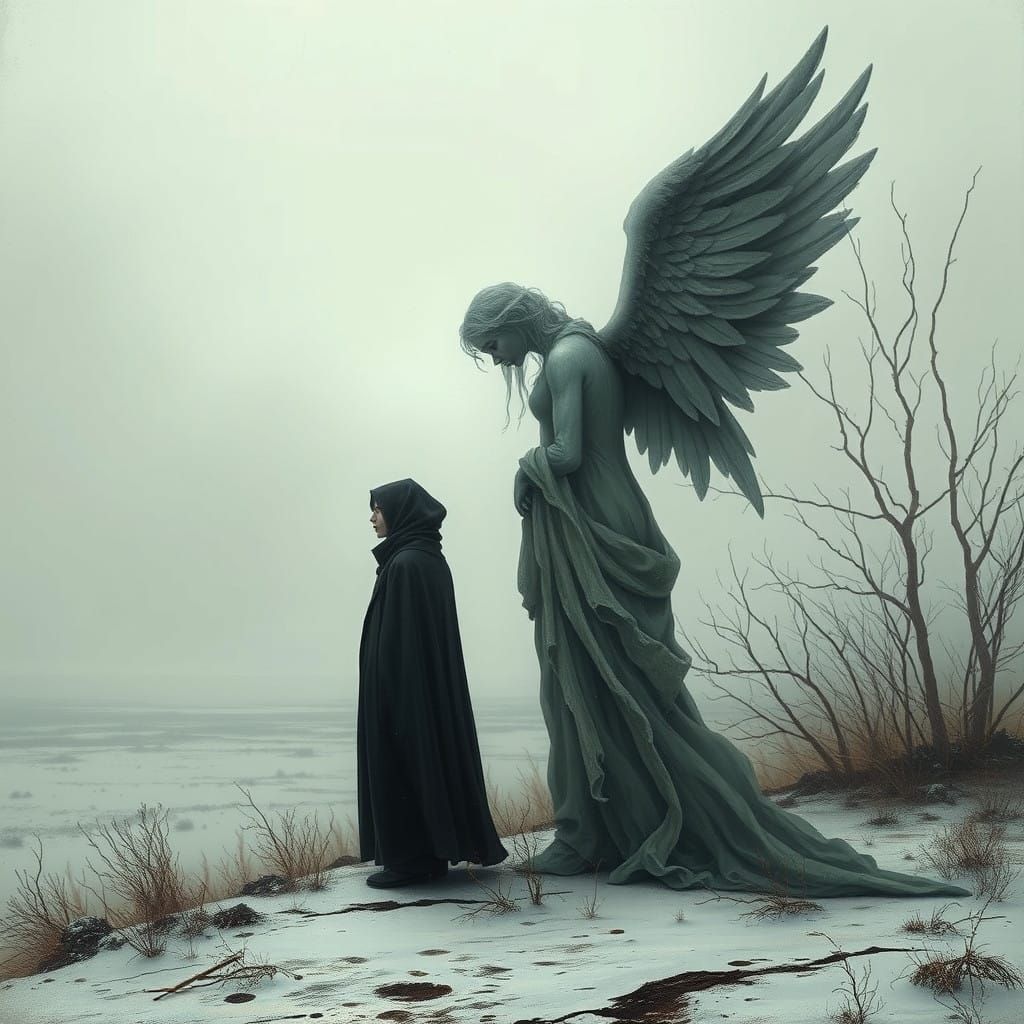 Sorrowful Angel in Desolate Winter Landscape