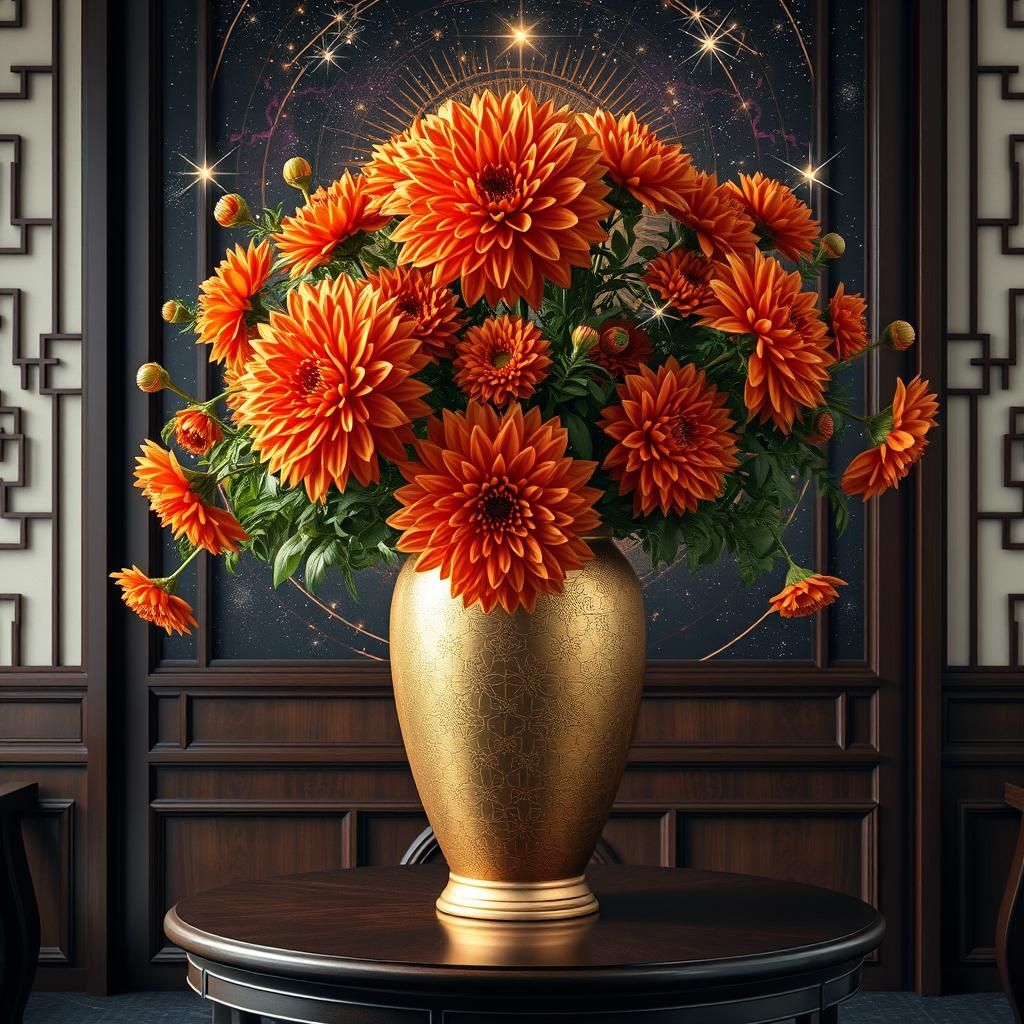 Chrysanthemums in Gold Vase, Mixed Media Illustration