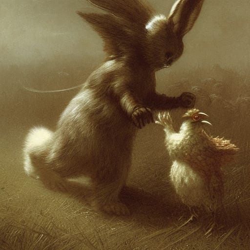 Horror Easter Bunny Chicken Fight in Doré Style
