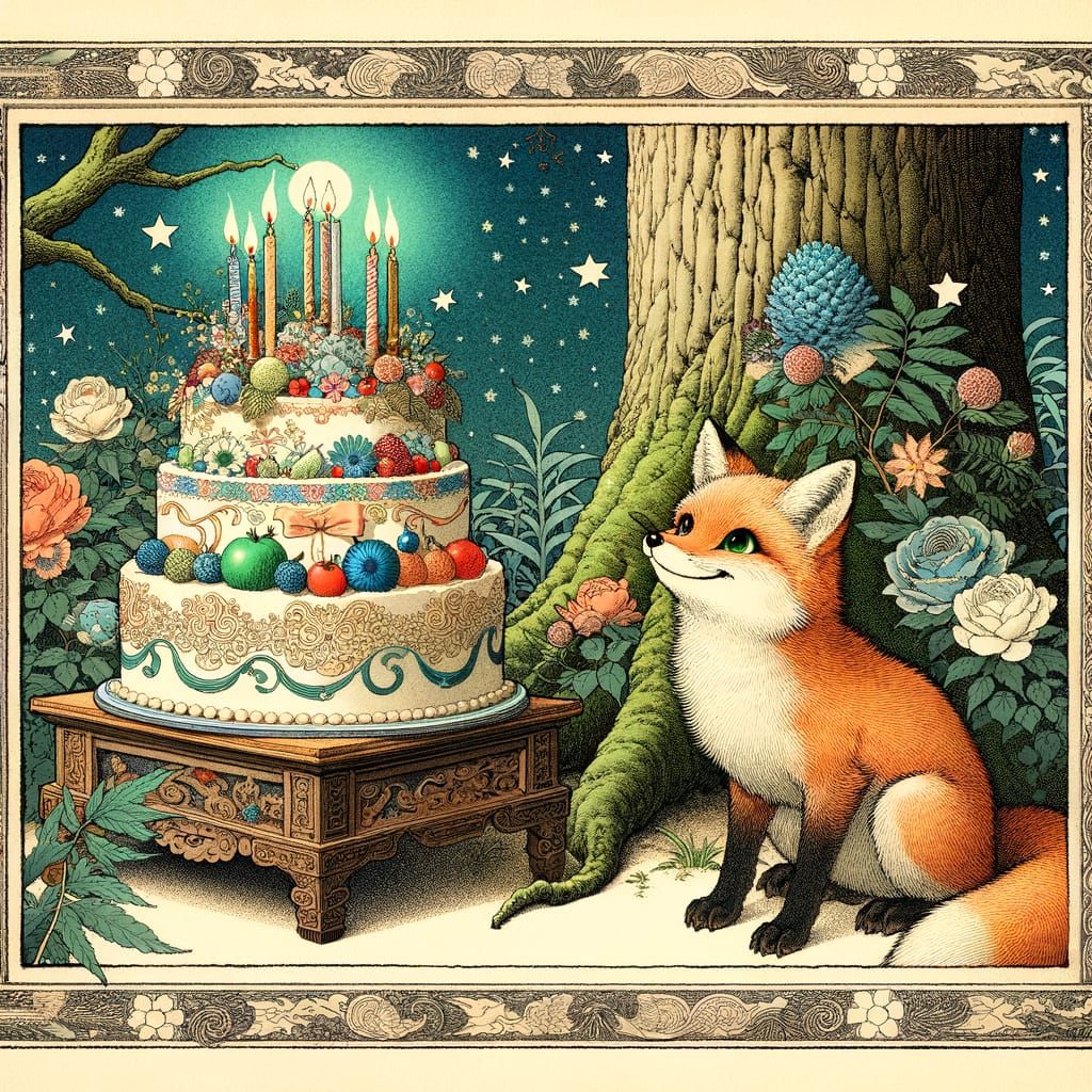 Fox Celebrates Birthday in Japanese Woodblock Style