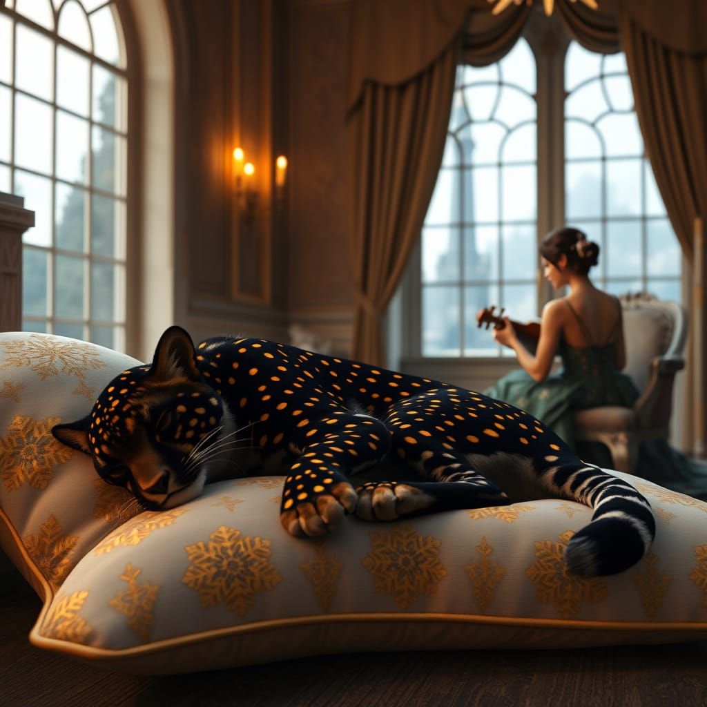 Surreal Scene of a Sleeping Black Cheetah in an Opulent 1920...