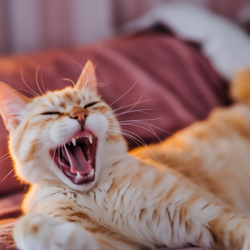 A blonde cat, laying down sideways, yawning