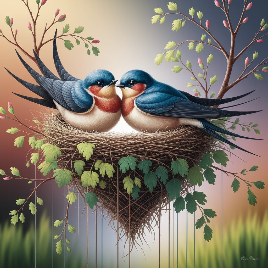 oil painting Style with Soft Shading: Envision a heartwarming scene where two beautiful swallows, with their feathers fl...