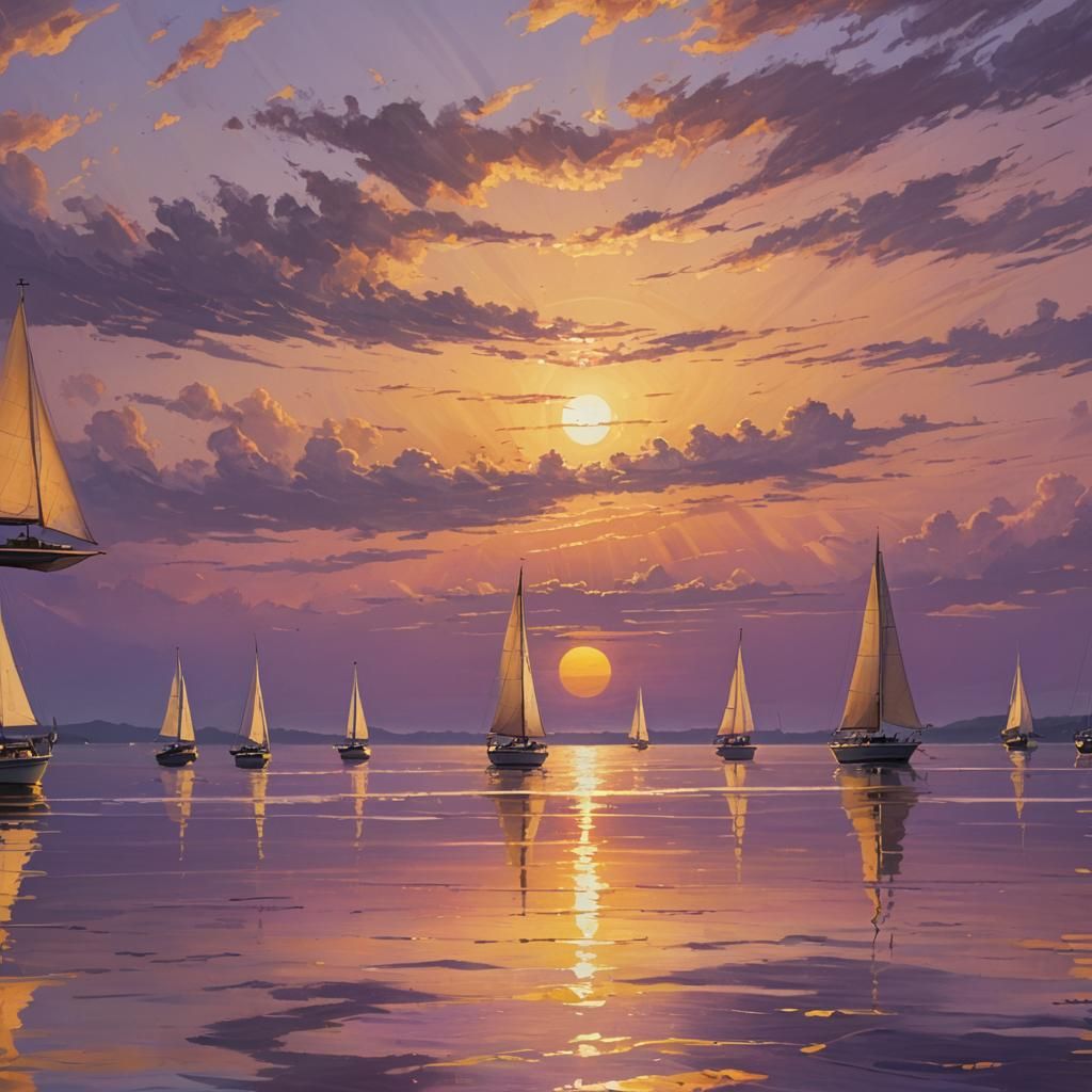 Purple and Yellow Sunset Over Calm Ocean, Oil Painting