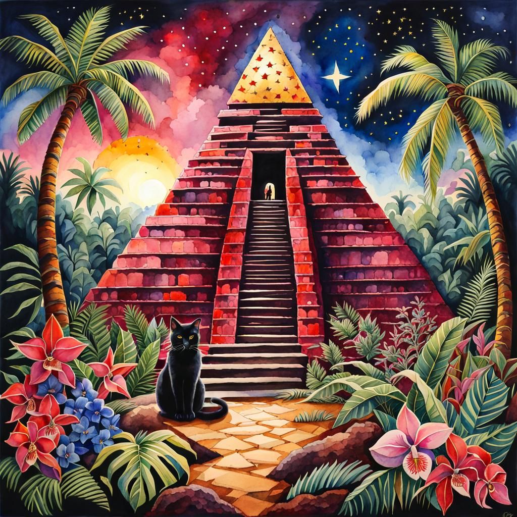 Cat in Ancient Pyramid Watercolor with Jewels