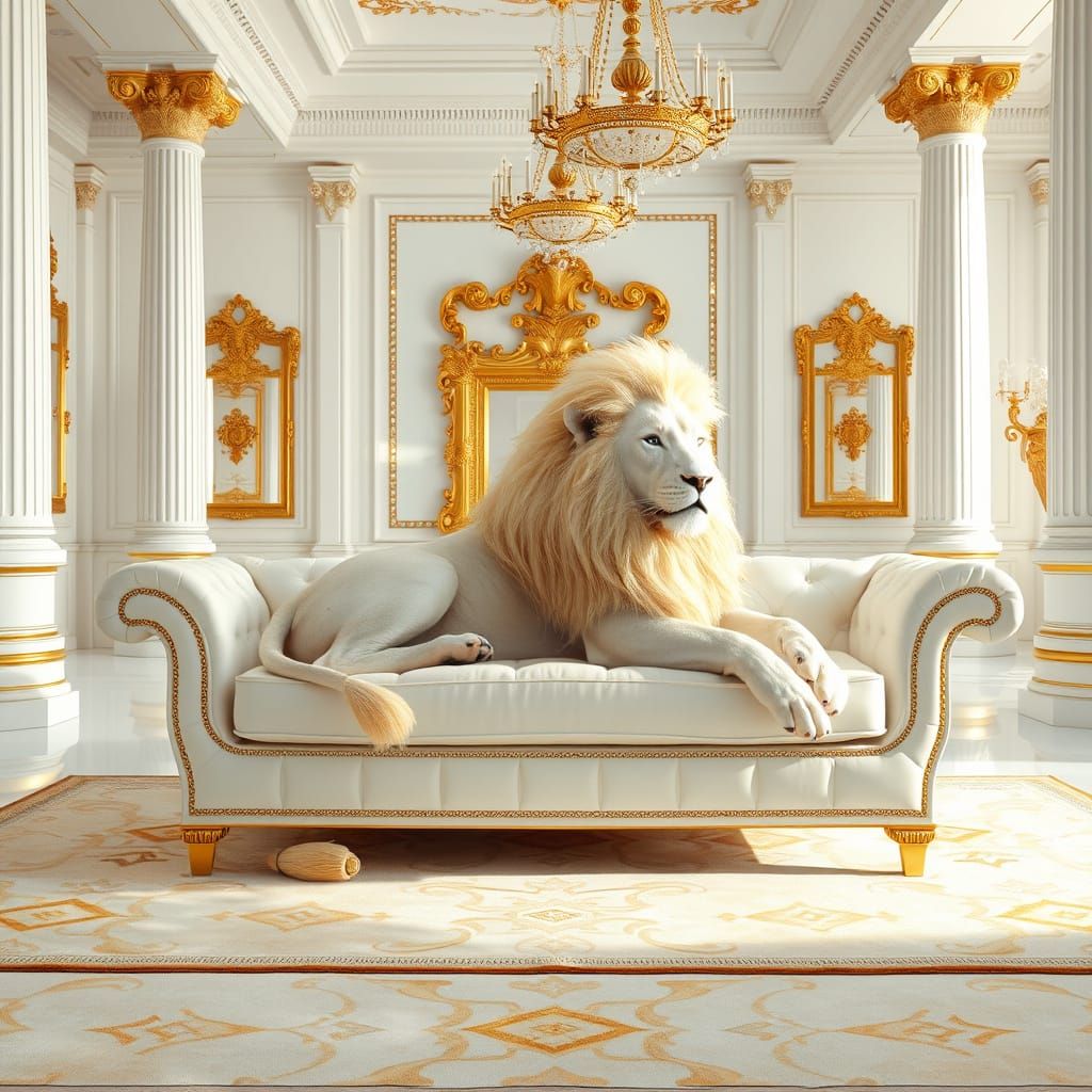Albino Lion in Luxurious White and Gold Room
