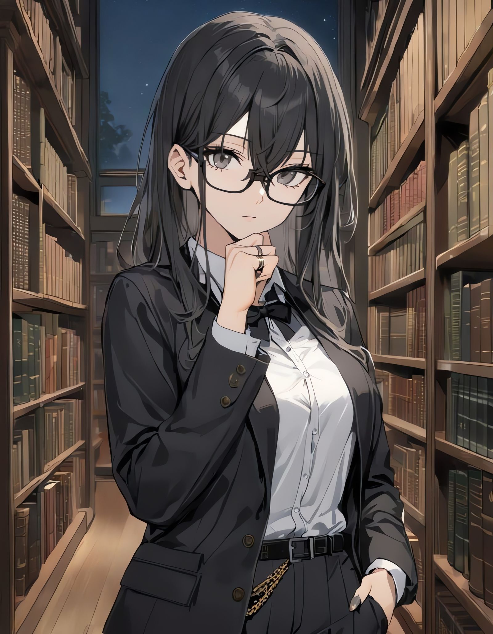 Young Woman in Library at Night
