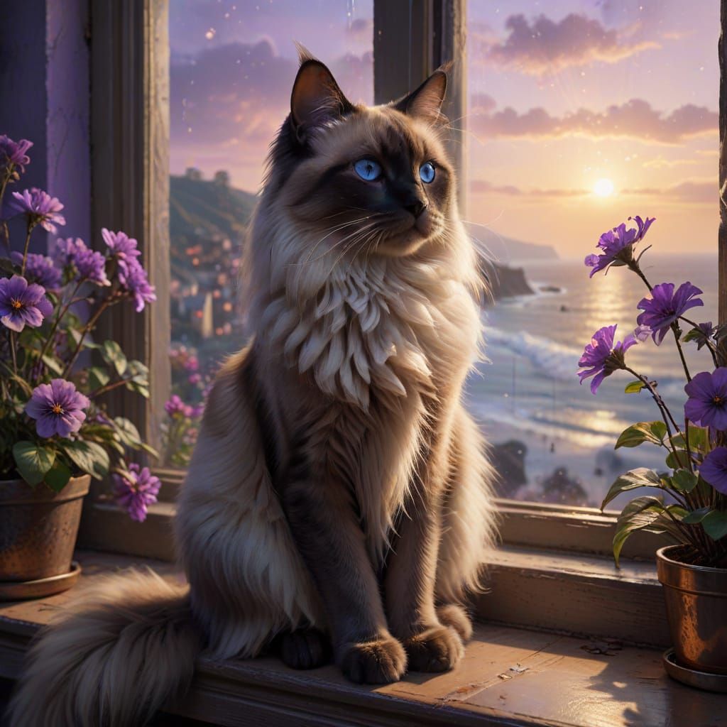 Siamese Cat by Window with Ocean View in Ethereal Mist
