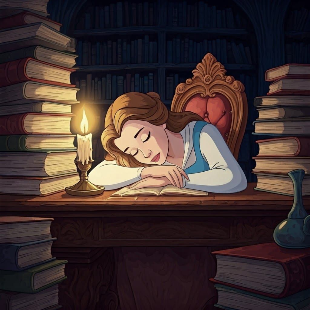 Belle Asleep in Library, Animated Style