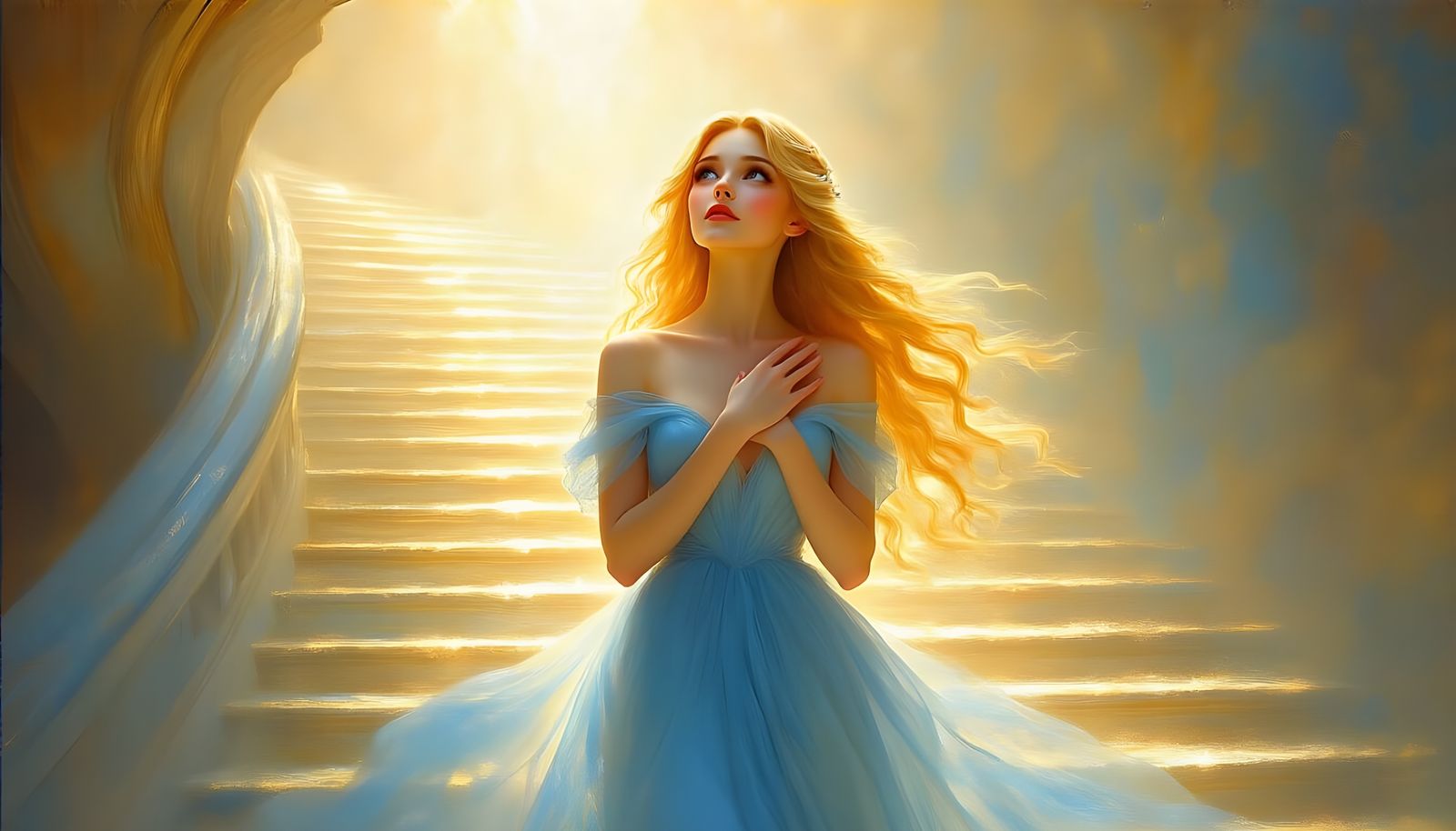 Ethereal Woman Ascending Stairway to Heaven