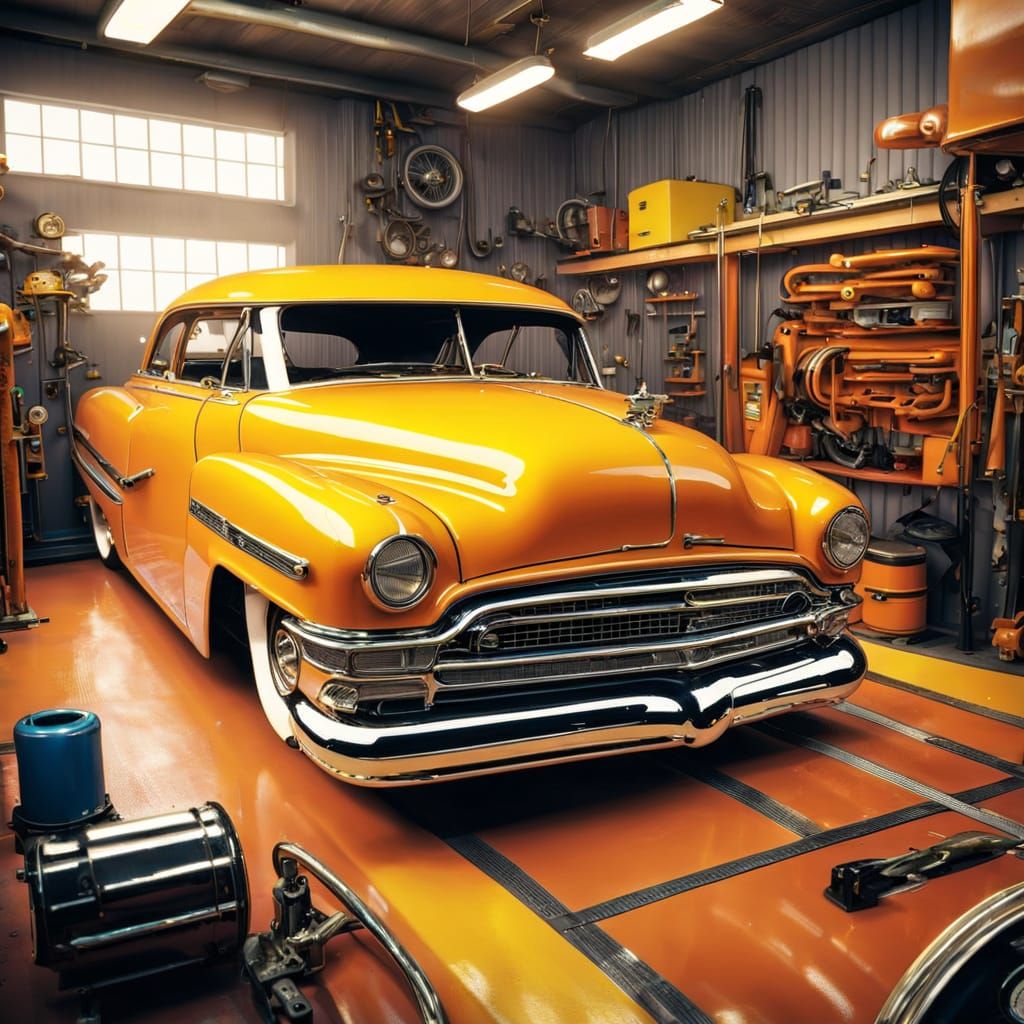 Vibrant Retro Lowrider Garage Scene with Chrome Details