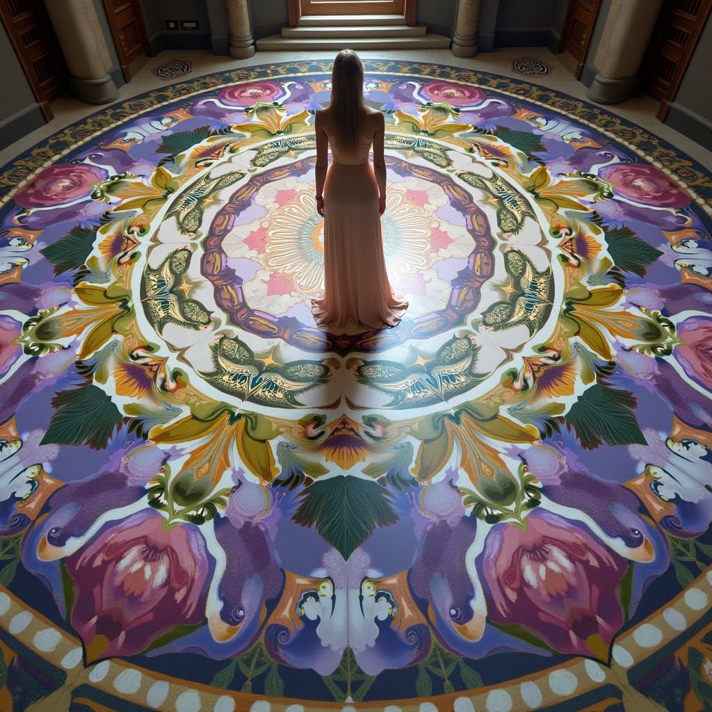 Shifting Synagogue Floor Mandala in Dreamlike Style